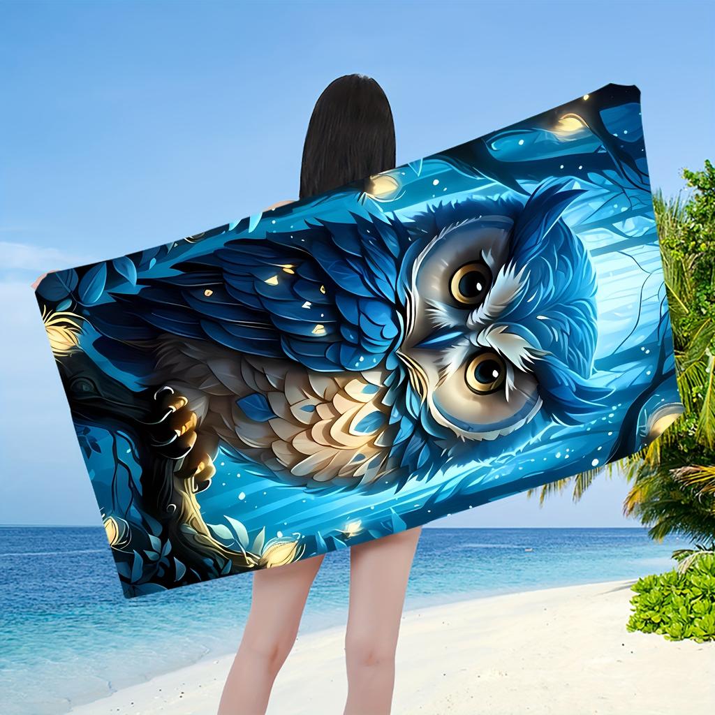 1 pièce Serviette de Plage Hibou Bleu, Microfibre Absorbante, Séchage Rapide et Léger, Couverture de Plage Douce Protection Solaire avec Design Hibou Vibrant