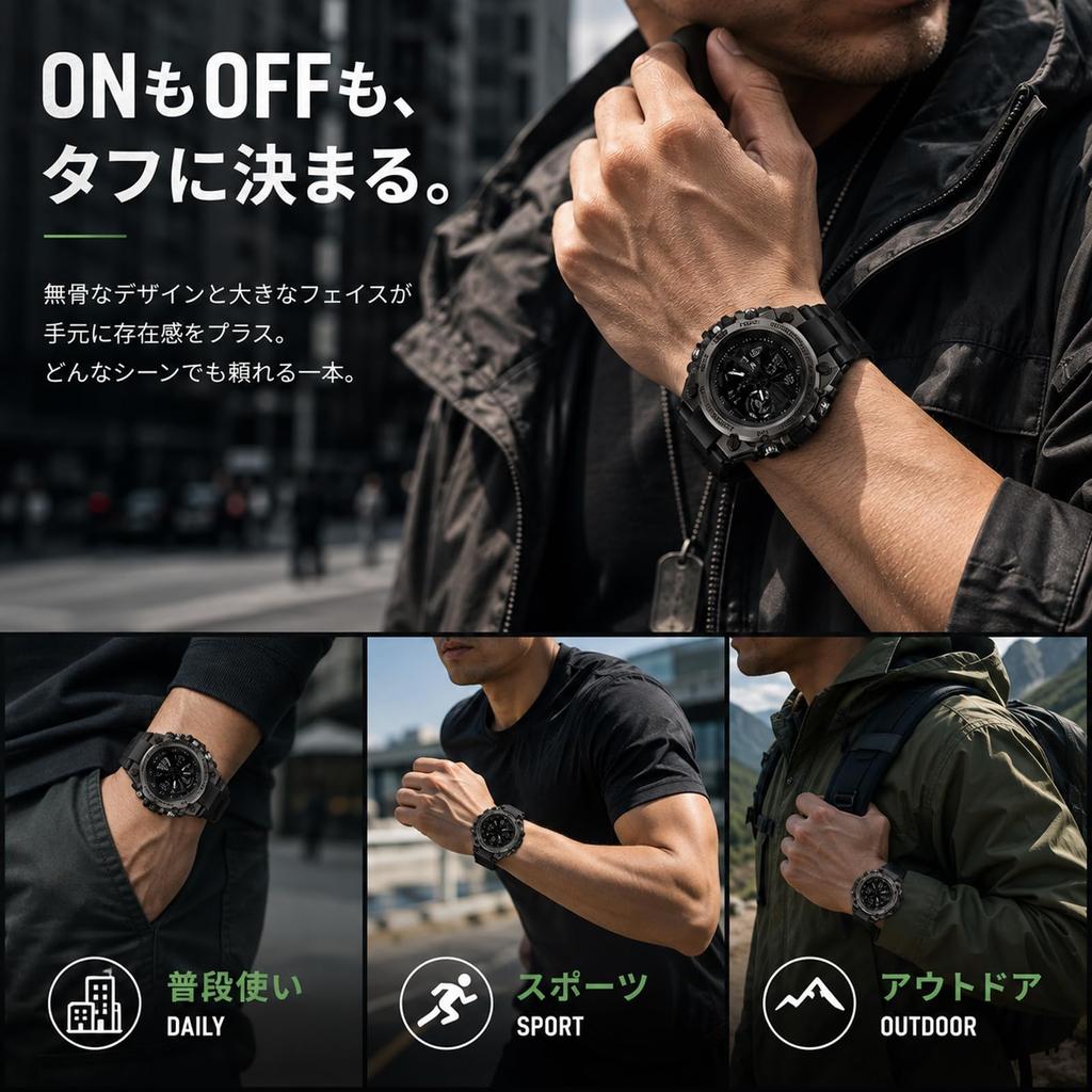 LED Dual Time Men's Digital/Analog Watch, Waterproof, Military/Sports Watch, Light,