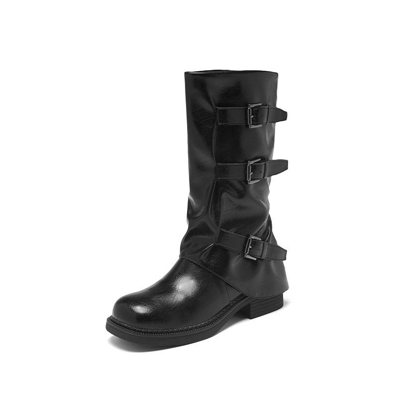 Augustine black boots women's 2025 new autumn mid-tube knight boots retro British platform Martin boots