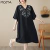 MOJTA Summer Embroidered Short-sleeved Dress Loose All-match Cotton Mid-length Skirt