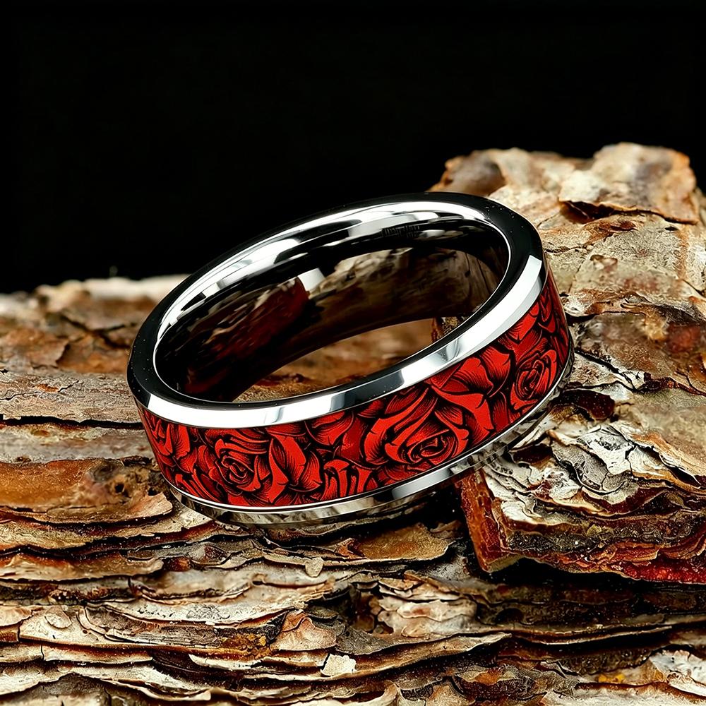 Vintage Red Rose Flower Inlaid Stainless Steel Ring High Polished Bevel Edge Wedding Band Retro Romantic Love Jewelry Gift
