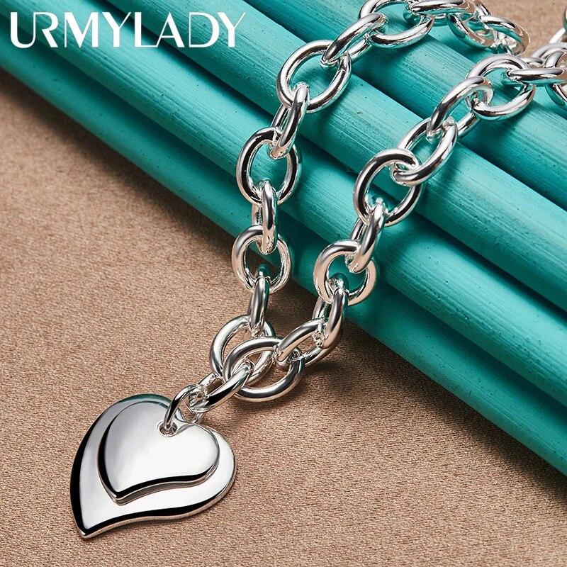 URMYLADY 925 Prata Esterlina Coração Duplo 18 Polegadas Pingente Colar Para Mulheres Casamento Noivado Moda Jóias
