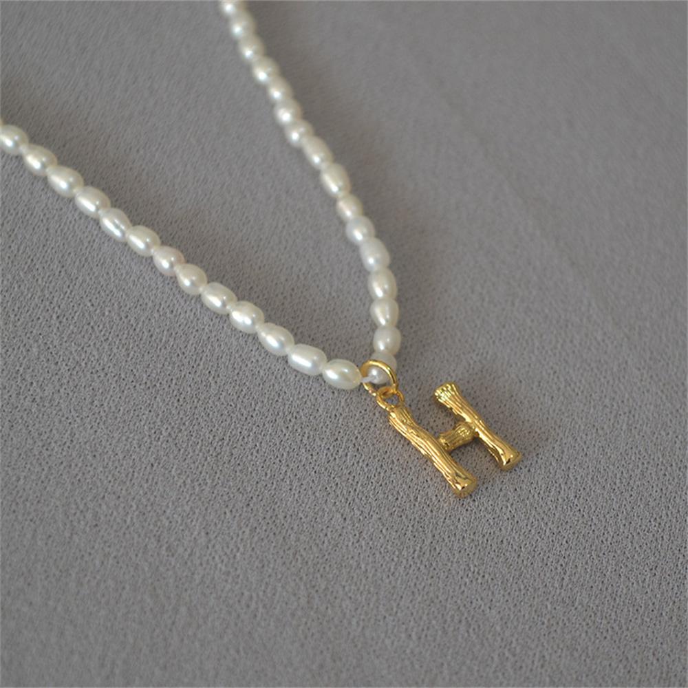 French Vintage Oval Artificial Pearl Chain Necklace For Women Fashion Boho Gold-plate Metal Tree Texture Letter Pendant Jewelry