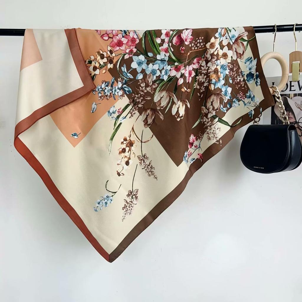 Luxury Flower Prin Silk Square Scarf Women Hijab Hair Bands Neckerchief Female Satin Shawl Ribbon Headband Fashion Wraps Bandana