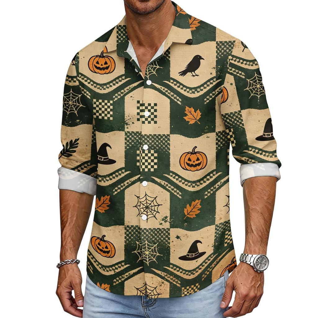 Men's Loose Fit Long Sleeve Shirt with Turn Down Collar Halloween Theme Vintage Casual Button Down Shirt for Spring Autumn Outdoor Daily Wear
