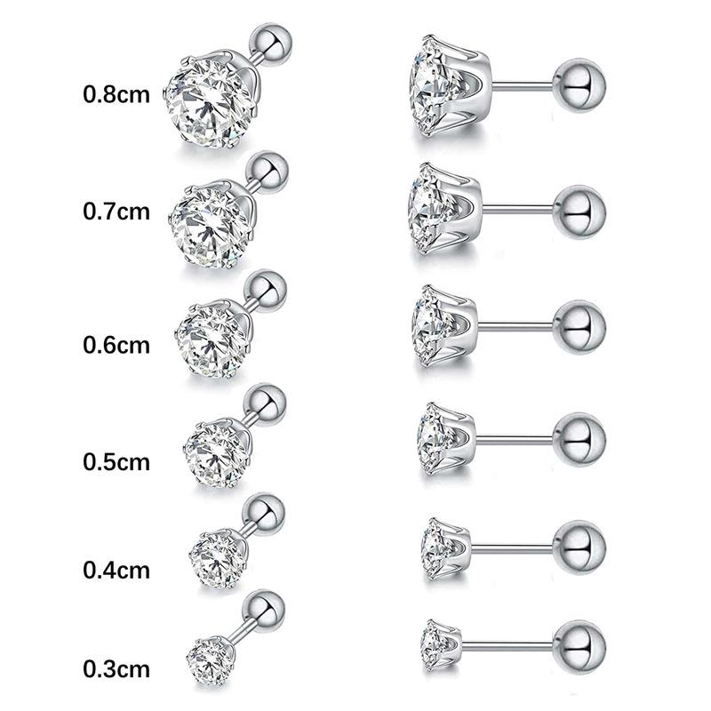 

Titanium steel ball game zircon stud earrings 6 pairs set 3mm-8mm fashionable and elegant earrings