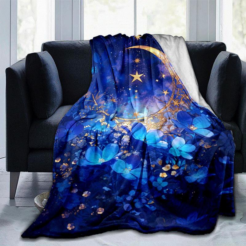 1pc Moon Printing Lightweight Flannel Blanket, Comfortable and Warm Blanket, for Camping Sofa Bed and Couch Office, in All Seasons