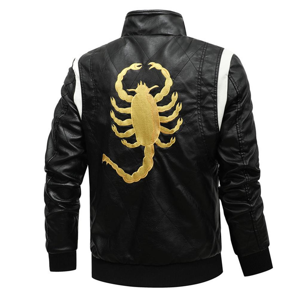 Men's Leather Stand Collar Motorcycle Leather Jacket Fashion Embroidery Colorblock Coat