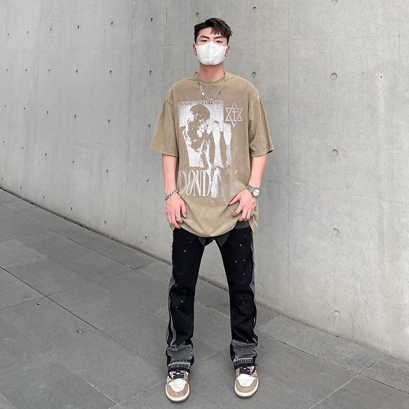 Pánské retro high-streetové rozšířené džíny s barevným blokováním a distressed úpravou