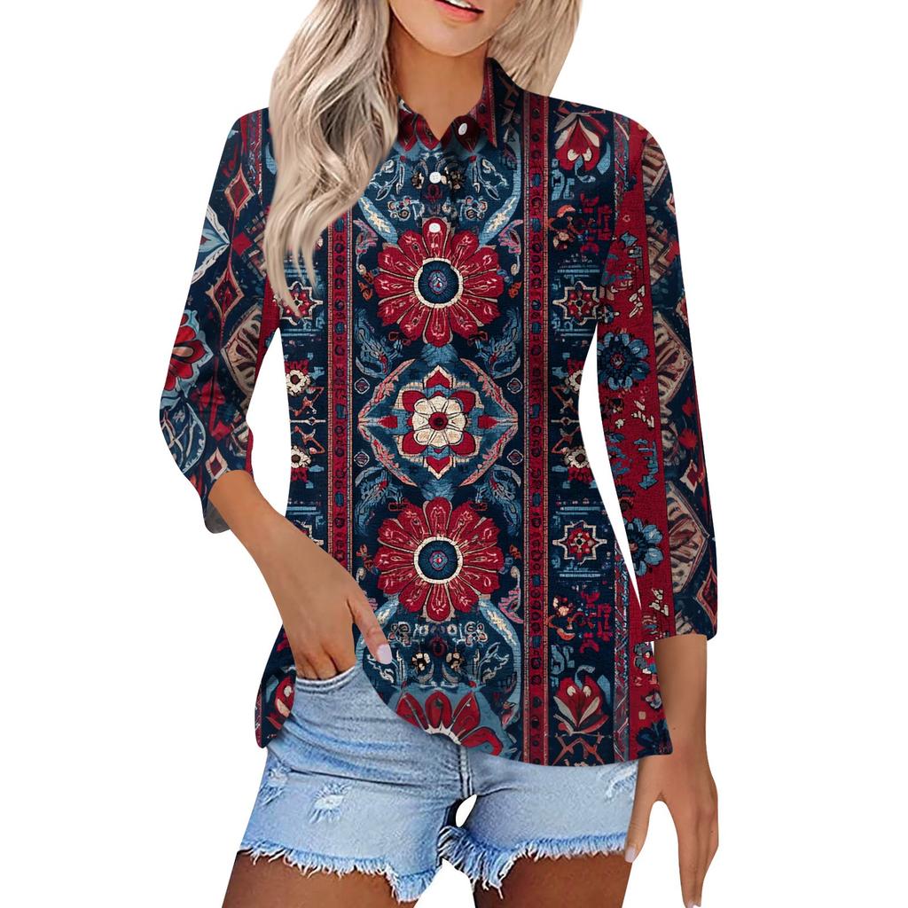 Women's Fashion Casual Lapel Short 3/4 Sleeve Print Shirt Women's Button Up Tops