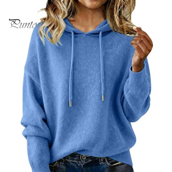 Hooded Tops Women Sweater Adjustable Drawstring Long Sleeve Knitting Casual Loose Fit Solid Color Pullover Knitwear Daily Wear Breathable