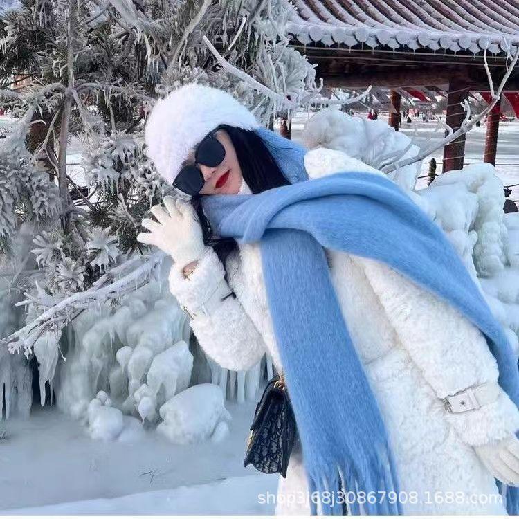 Iceland sea salt blue scarf women's autumn and winter new mohair solid color versatile scarf warm imitation cashmere shawl