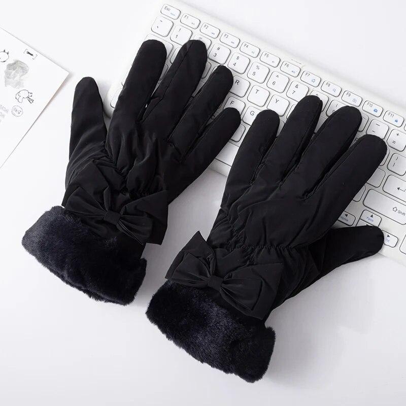 

Зимние перчатки, женские перчатки с сенсорным экраном, мягкие, приятные для кожи, элегантные, с бантом, на запястье, уличные, утолщенные, теплые, женские перчатки для велоспорта и вождения One Size