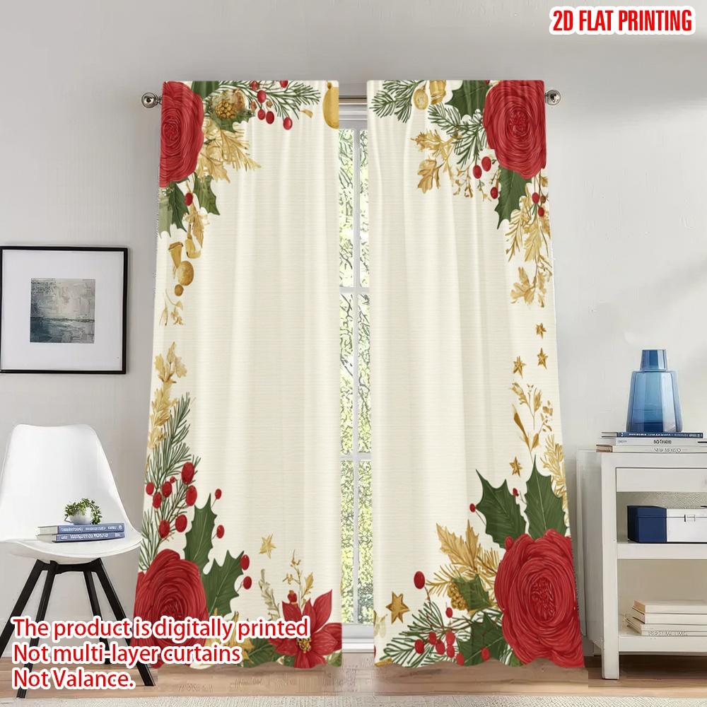 

Flat Printing Merry Christmas Curtains Roses Holly Bells Digital Printed Polyester Drapes Festive Wall Decor Curtain Set Of 2 Made Washable W100*H70(CM)-Rod Pocket&2PCS