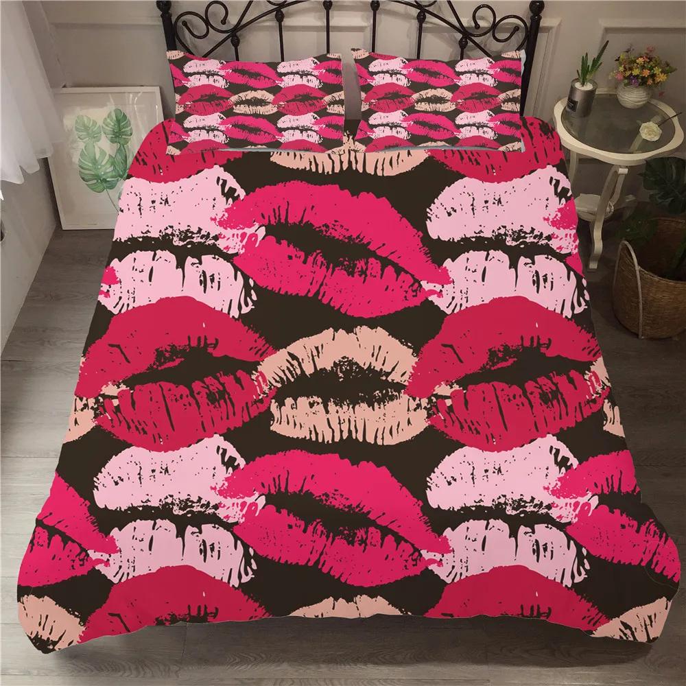 Rote Lippen Königin King Bettbezug 3D Sexy Lippen Himbeere Bettwäscheset für Mädchen Frauen Kuss Pink Weich 2/3-teilig Bettdeckenbezug Kissenbezug