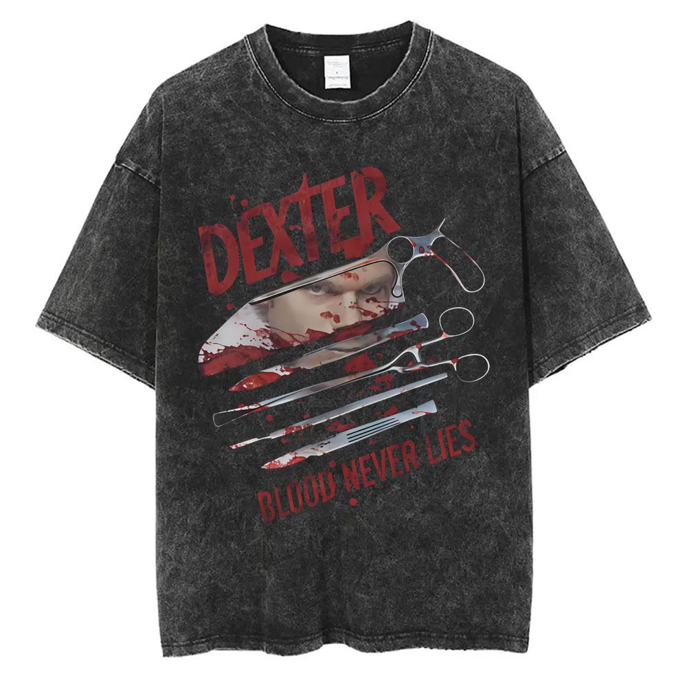 Washed Vintage TV Play Dexter Morgan Face Graphic Tshirt Men Women Casual Cotton Oversized T Shirt Male Classic Gothic Tshirts