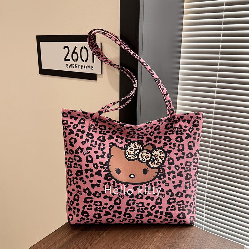 

Fashion Cartoon Cat Leopard Print Canvas Bag New Style Kawaii Cat Storage Bag Cute Large Capacity Student Shoulder Tote Bag розовый