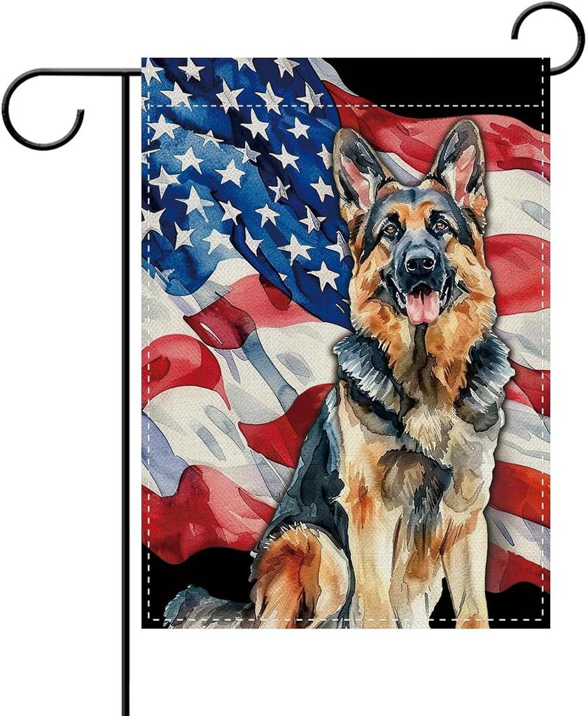 Dyrenson German Shepherd Dog Patriotic Decorative Garden ag, Watercolor 4th of July American Yard Outside Home Decoration, AAS