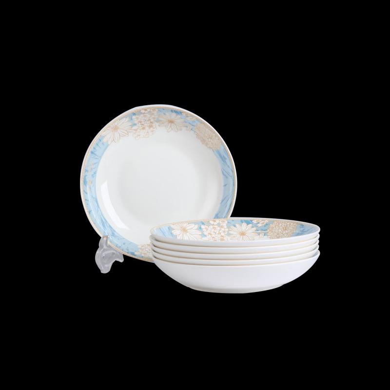 Hao Ya Jingdezhen Ceramic 8-inch Deep Dinner Plates, Time Walk Pattern, Set of 6