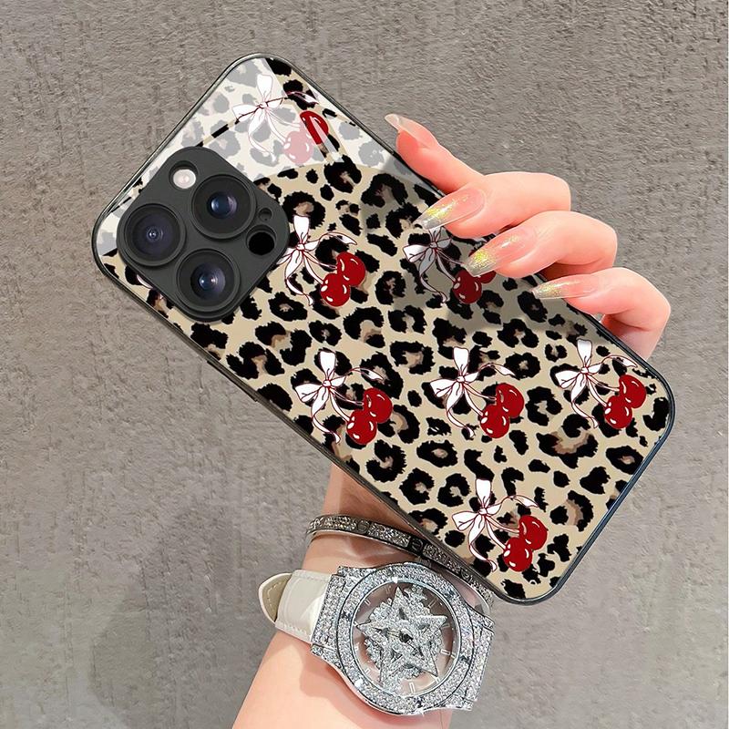 Leopard Print Bow Cherry Pattern Tempered Glass Phone Case For iPhone 17 16 Pro Max 15 14 13 12 11 Pro 16E 7 Plus XR XS X Cover