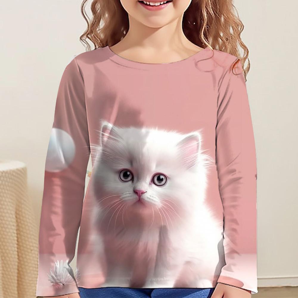 

Детская одежда Футболки с рисунком кота для девочек 3D Детская одежда для девочек с круглым вырезом Одежда для девочек-подростков Модная детская футболка 140