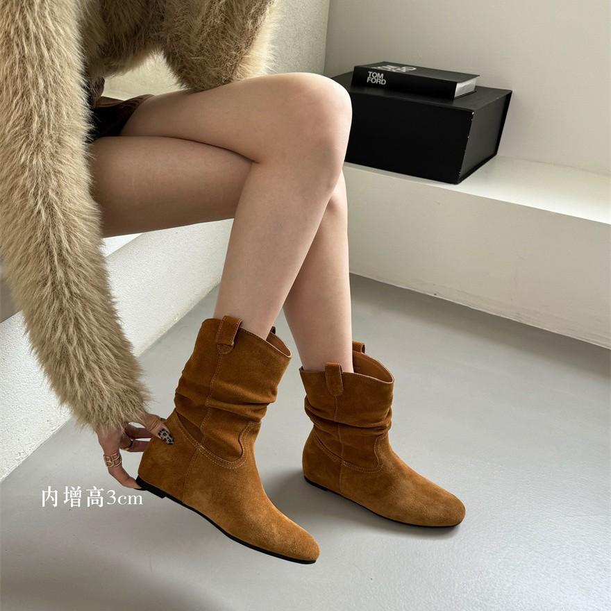 French Leather Retro Pleated Short Boots for Women 2025 Autumn and Winter New Round Head Matte Inner Leather Heightening Thin Boots for Women