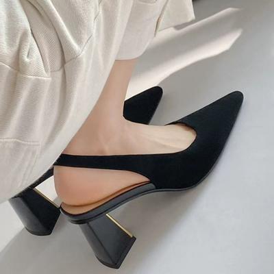 Fashion Bag Head Sandals Summer Suede Shoes High Heels Sandals Pointed Back Strap Black New Middle Heel Single Shoes Shallow Mouth