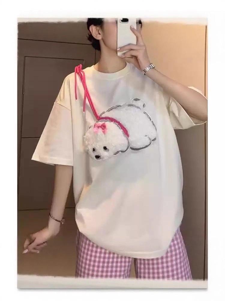 Women's Cute Cartoon Puppy Flocked Short Sleeve T-Shirt - Slimming Summer Casual Top