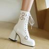 Fashion 9cm Square Heel Waterproof Platform Short Boots Heart-shaped Metal Buckle Rivets Leather Short Plush Winter Ankle Boots 35-45