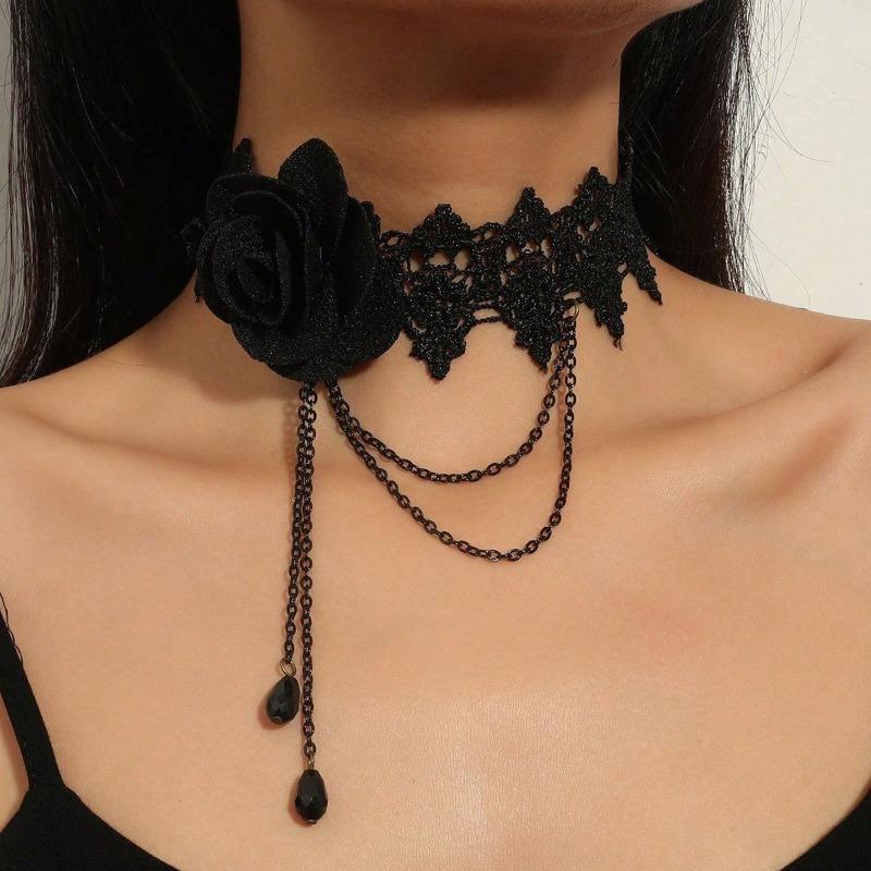 Accessories Black Neck Chain Lace, Clavicle Chain Light Luxury High-end, Hollow Fringe Gothic Necklace Women