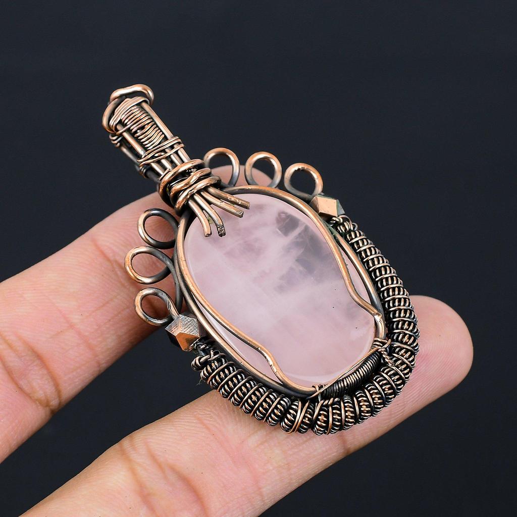 Rose Quartz Gemstone Pure Copper Wire Wrapped Handmade Pendant Jewelry For Gift