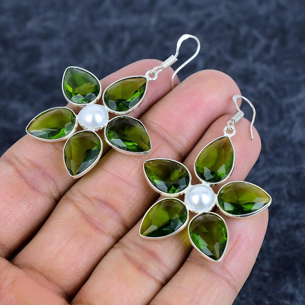 Peridot, Pearl Gemstone Handmade 925Sterling Silver Jewelry Earring 2.17" M-3147