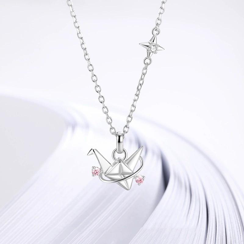 925 Silver Thousand Paper Crane Necklace Women's Cute Pink Zirconia Lock Chain Fashionable Creative Star Necklaces Girl Gift