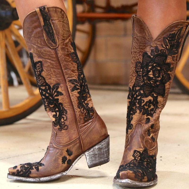 Fashion Western Style Women's Pointed Large Embroidered Rose High Heels Vintage Old Women's Boots High Barrel Western Boots