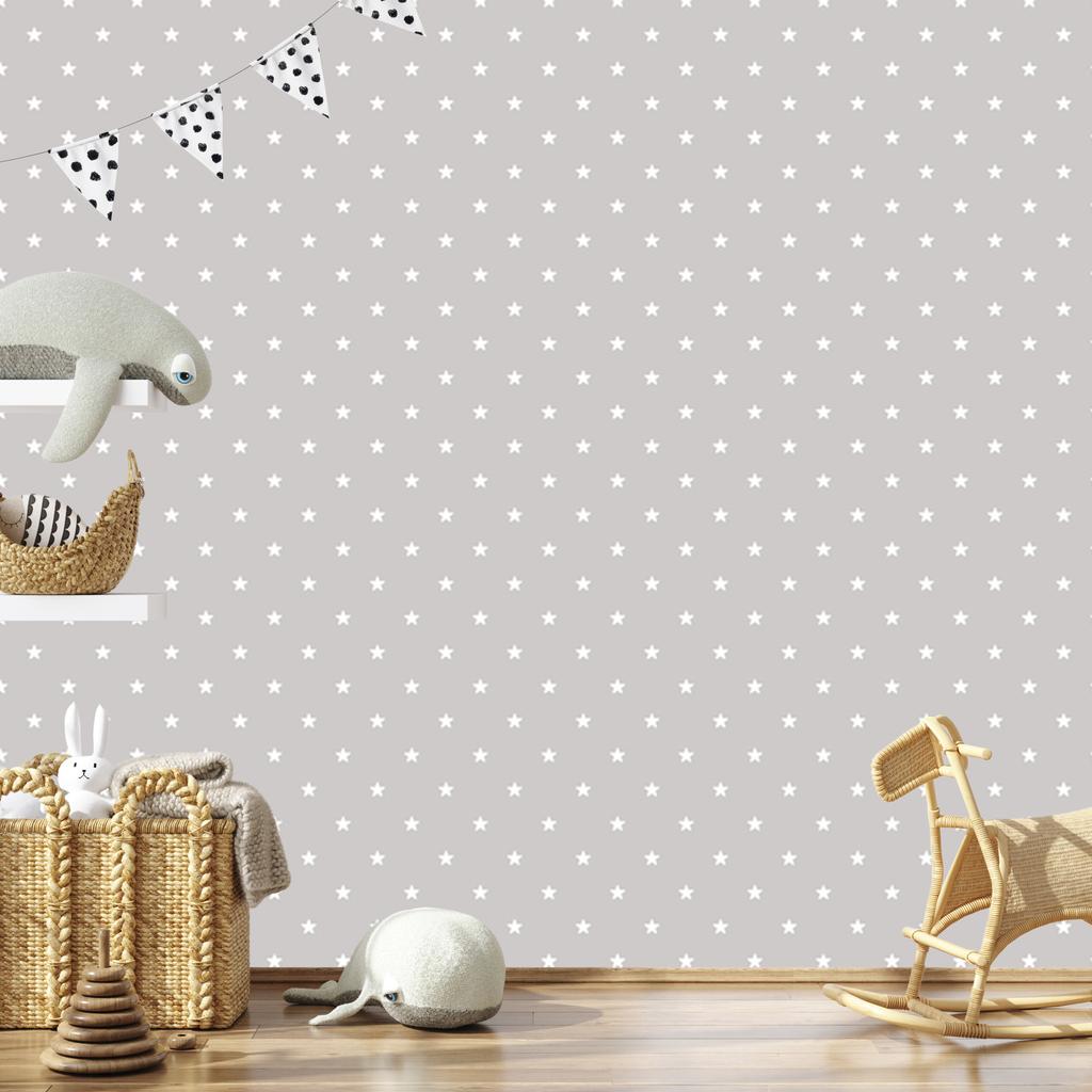 Wallpaper White stars on a gray background for the living room and bedroom 50x1000