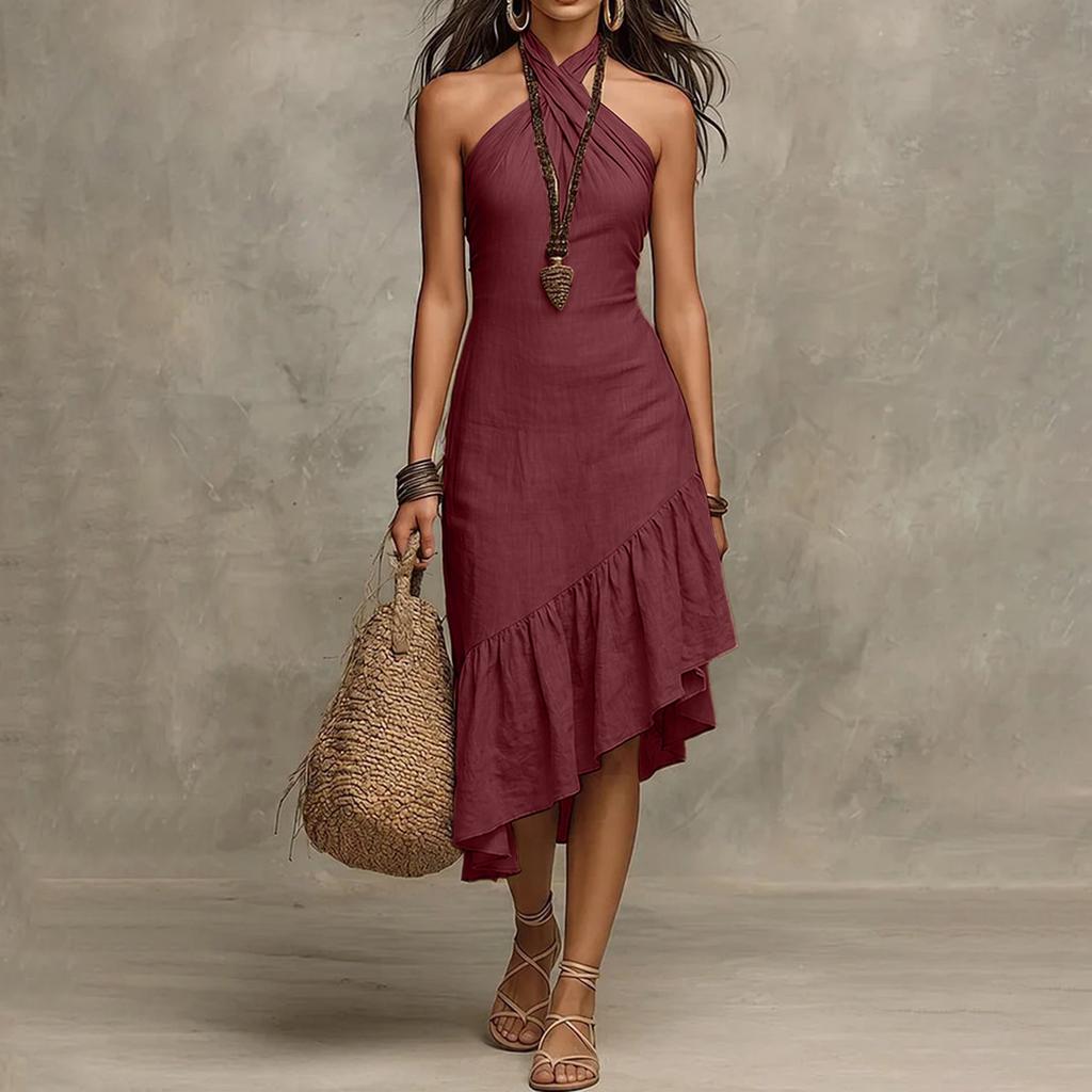 Damen Neck Ärmellos Asymmetrisch Rüschensaum Midi Sommerkleid Lässig Sommer Strand Schlank Passendes Kleid
