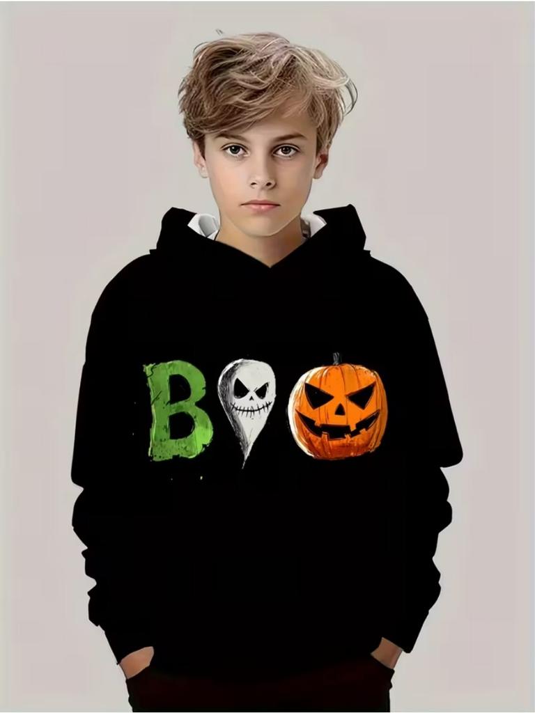 Halloween Hoodies for Kids Cute Ghost Pumpkin Graphic Sweatshirt Cartoon Black Print Holiday Gift Children's Clothing