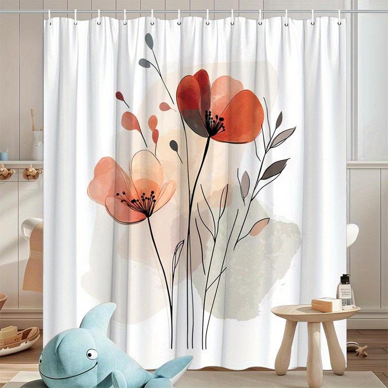 

1 Elegant Poppy Shower Curtain With Hooks, Simple Orange-Red Floral Pattern On A Pastel Gradient Background, Machine Washable W60H190(CM)-1 Pcs
