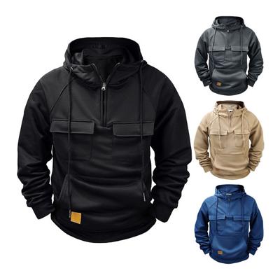 Fall Spring Men Hoodie Half Zipper Drawstring Long Sleeves Multi Pockets Pure Color