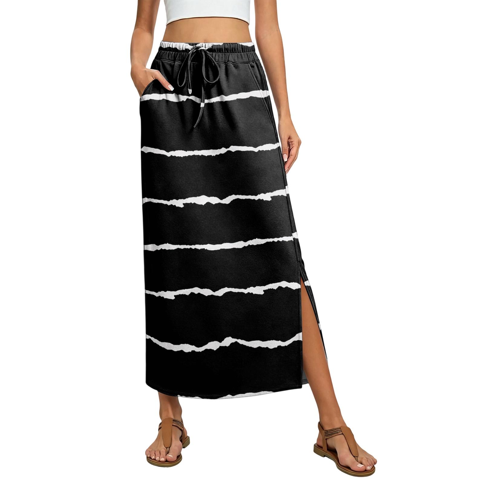 

Ladies striped printed elastic waistband drawstring pocket skirt L чёрный