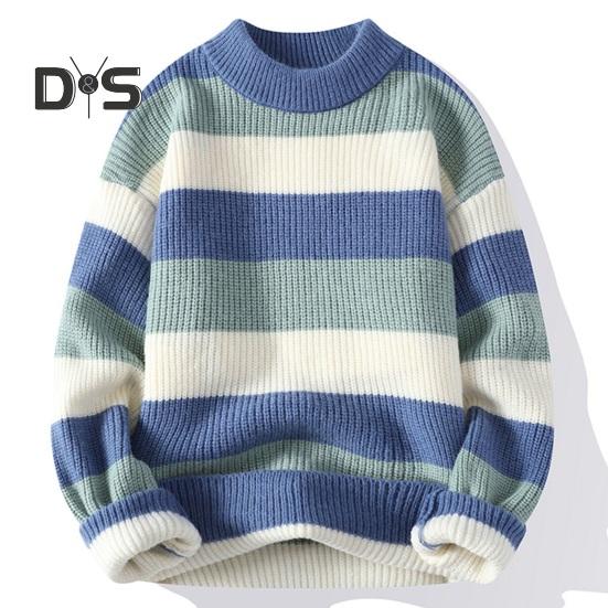 Fall Winter Men Sweater Half-high Collar Thickened Knitted Warm Loose Colorblock Loose Long Sleeves Pullover Daily Wear Sport Sweater
