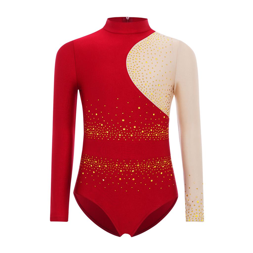 Flickor Gymnastik Dansuppvisning Dräkt Mock Turtleneck Långärmad Glittriga Strass Färgblock Bodysuit