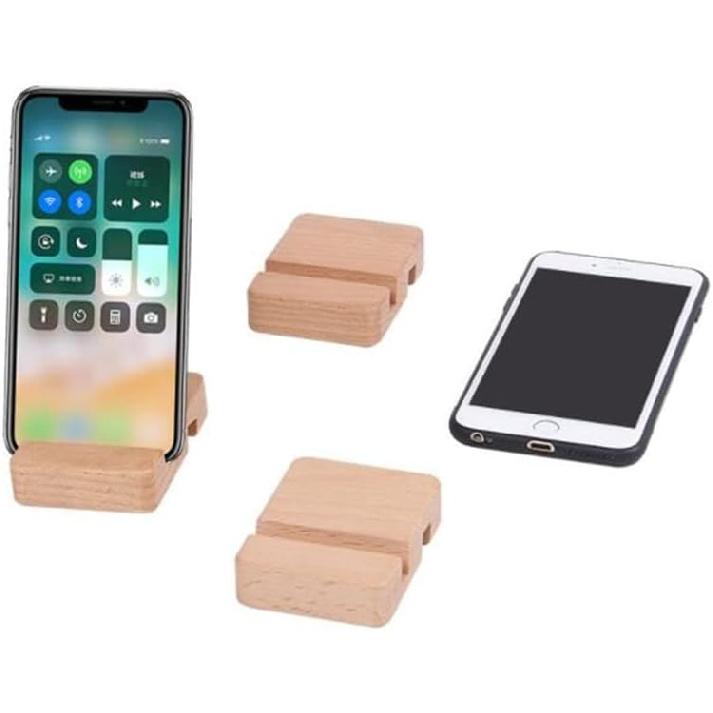 Set of 2 Beech Desktop Cell Phone Stand for iPhone, Portable Mobile Phone Holder Stand, Wooden Ipad Stand