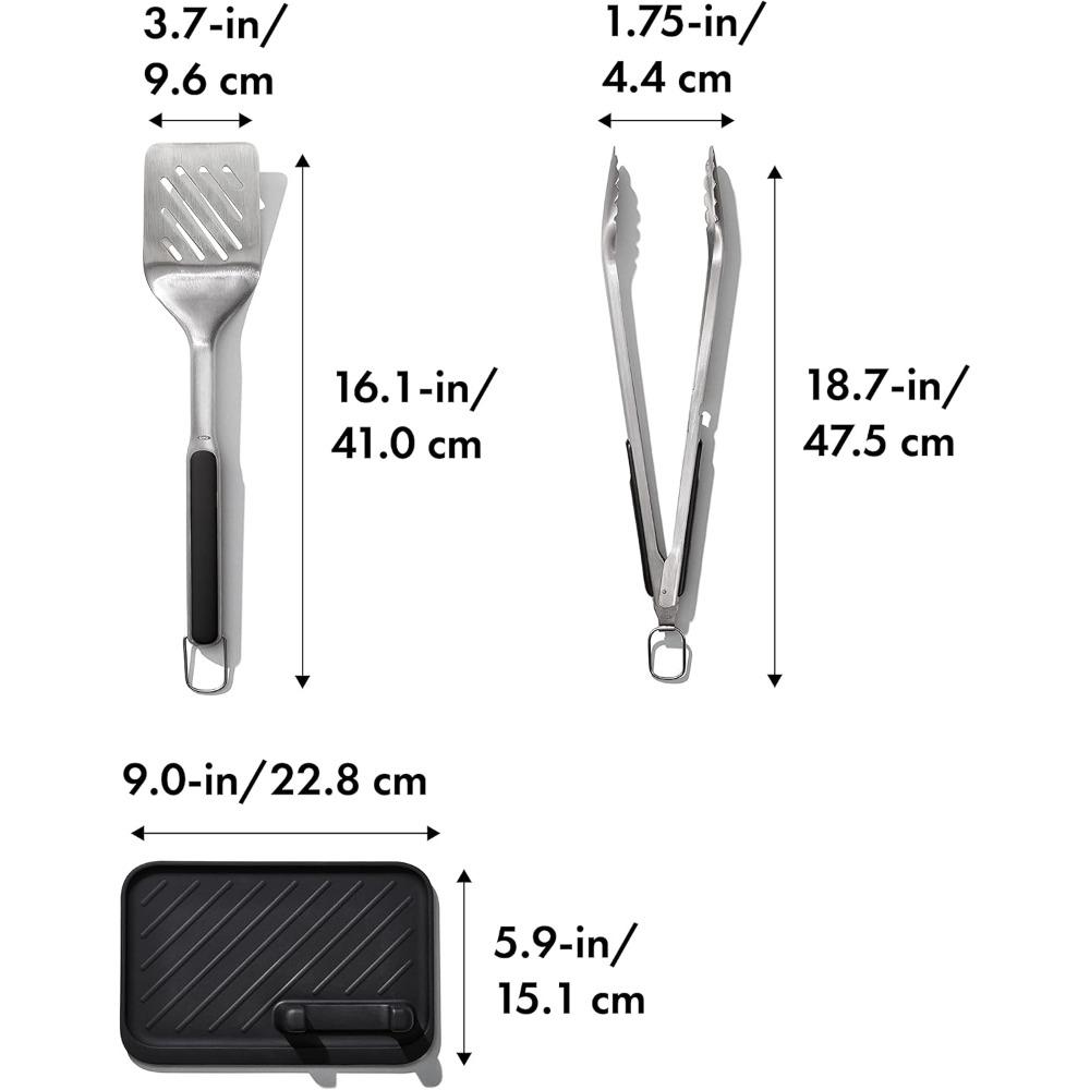 OXO Good Grips Grilling Tools, 3pc Set-Tongs, Turner Rest, Black