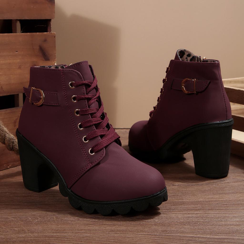 Foreign Trade Thick Heel Short Boots Round Head Lace-up and Bare Boots New High Heel Side Zipper Martin Boots Women's Single Boots Belt Buckle