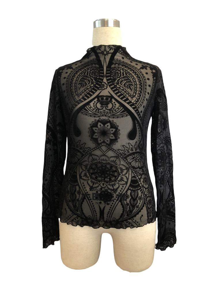 Autumn Winter Women's Paisley Flocked Print Mesh Ruffle Hem Long Sleeve T Shirt Top Fashion Daily Basic Casual Slim Fit Ladies Elegant Top