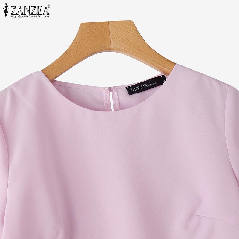 ZANZEA Women Casual Round Neck Solid Color Loose 3/4 Sleeve Blouse