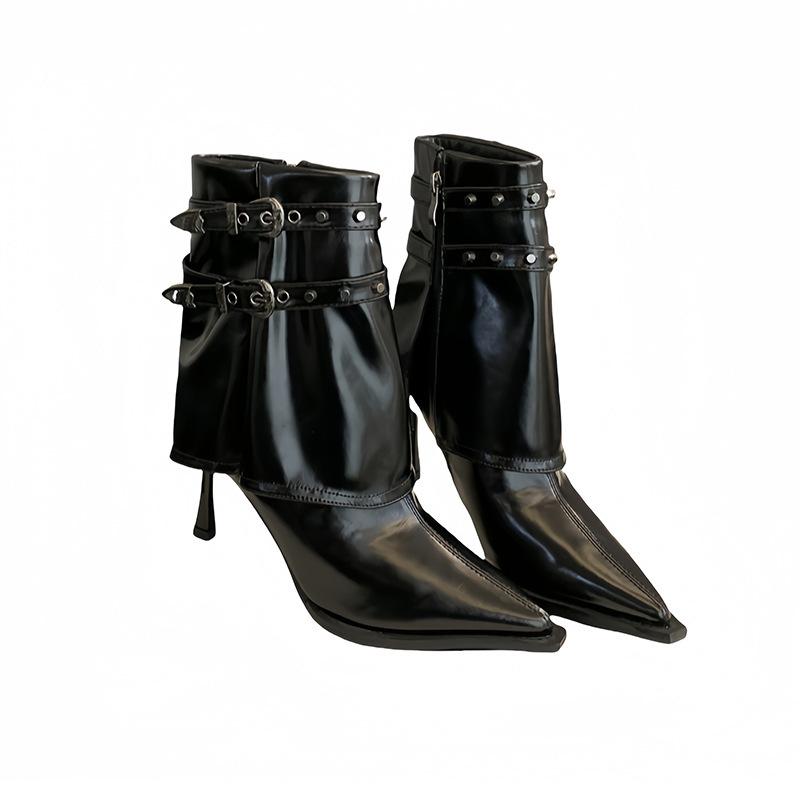 Pointed thin heel short boots women's 2025 autumn and winter white rivet belt buckle elastic thin boots high heel single boots