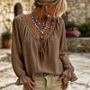 Women's Casual Solid-color Lace-trimmed Ruffled V-neck Bow-front Long-sleeve Blouse