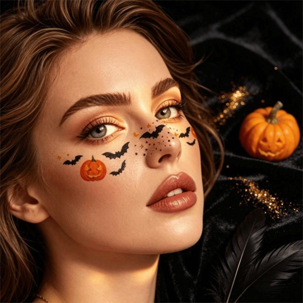Bat Halloween Temporary Tattoo Waterproof Pumpkin Bat Ghost Stickers Facial Tattoo Stickers Women
